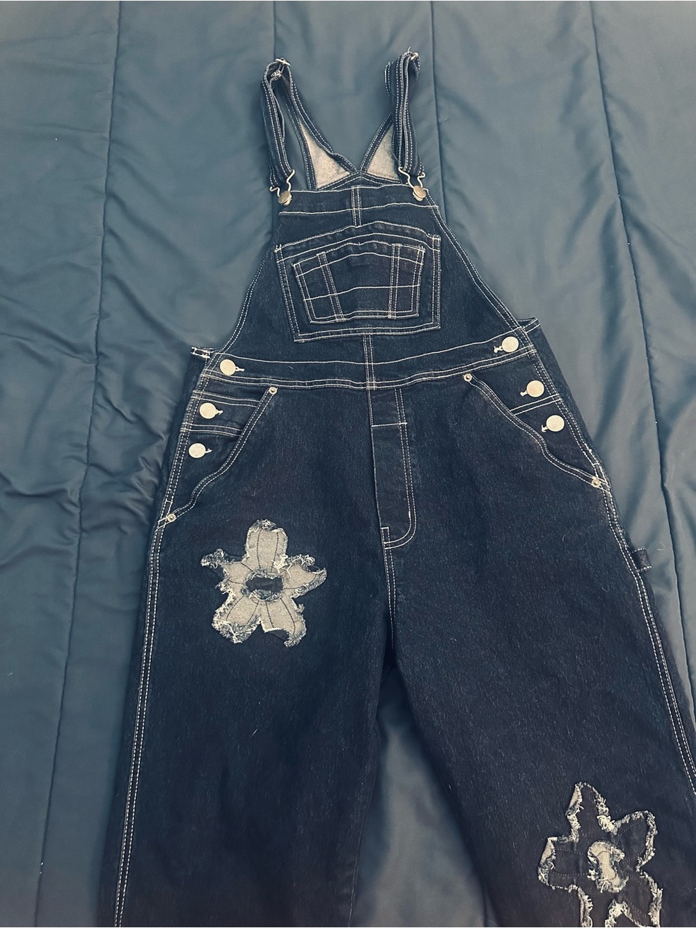Dark wash flower patch overalls